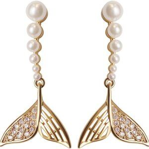 Gold Sterling Silver Dangle Pearl Mermaid Tail Earrings with Cubic Zirconia - El